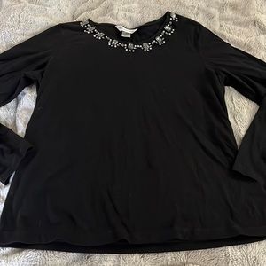 Black long sleeve jewel encrusted shirt L fitted stretch Pearl rhinestone C&B